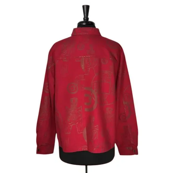 Chico’s Women’s 3 XL 16 Red Bronze Asian Symbol Faux Suede Button Up Artwear Top - Picture 2 of 9